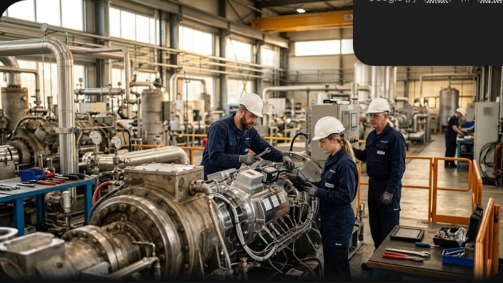 Процесс модернизации промышленной газовой компрессорной установки в современном цеху с естественным освещением