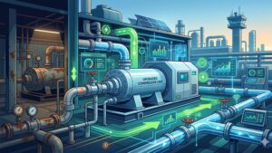 Современная иллюстрация газовой компрессорной установки в минималистичном стиле для статьи о трендах энергоэффективности 2026 года