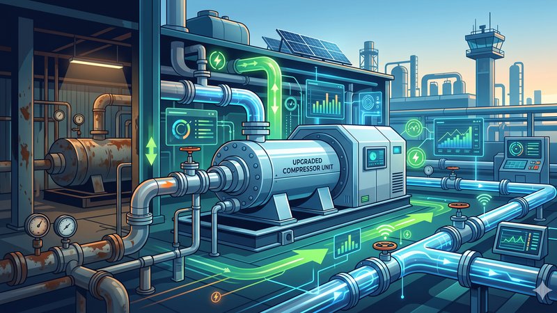 Современная иллюстрация газовой компрессорной установки в минималистичном стиле для статьи о трендах энергоэффективности 2026 года