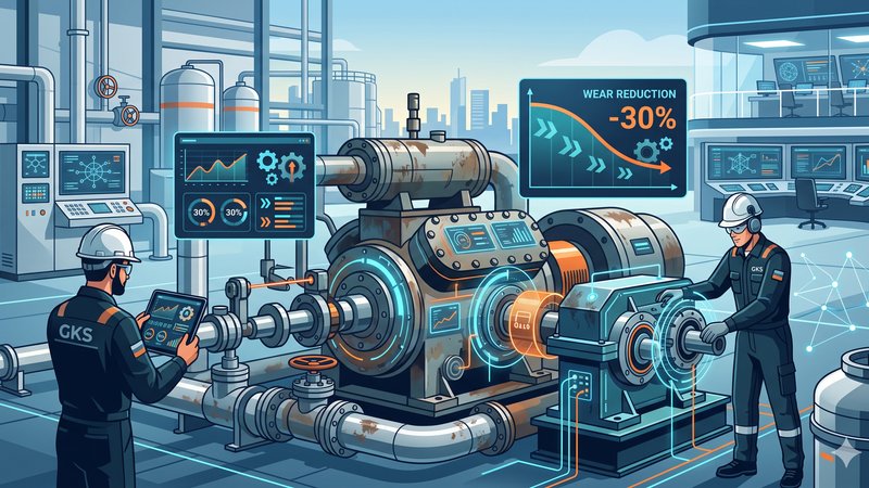 Современная 3D-иллюстрация процесса модернизации газовой компрессорной установки для повышения эффективности и снижения износа оборудования